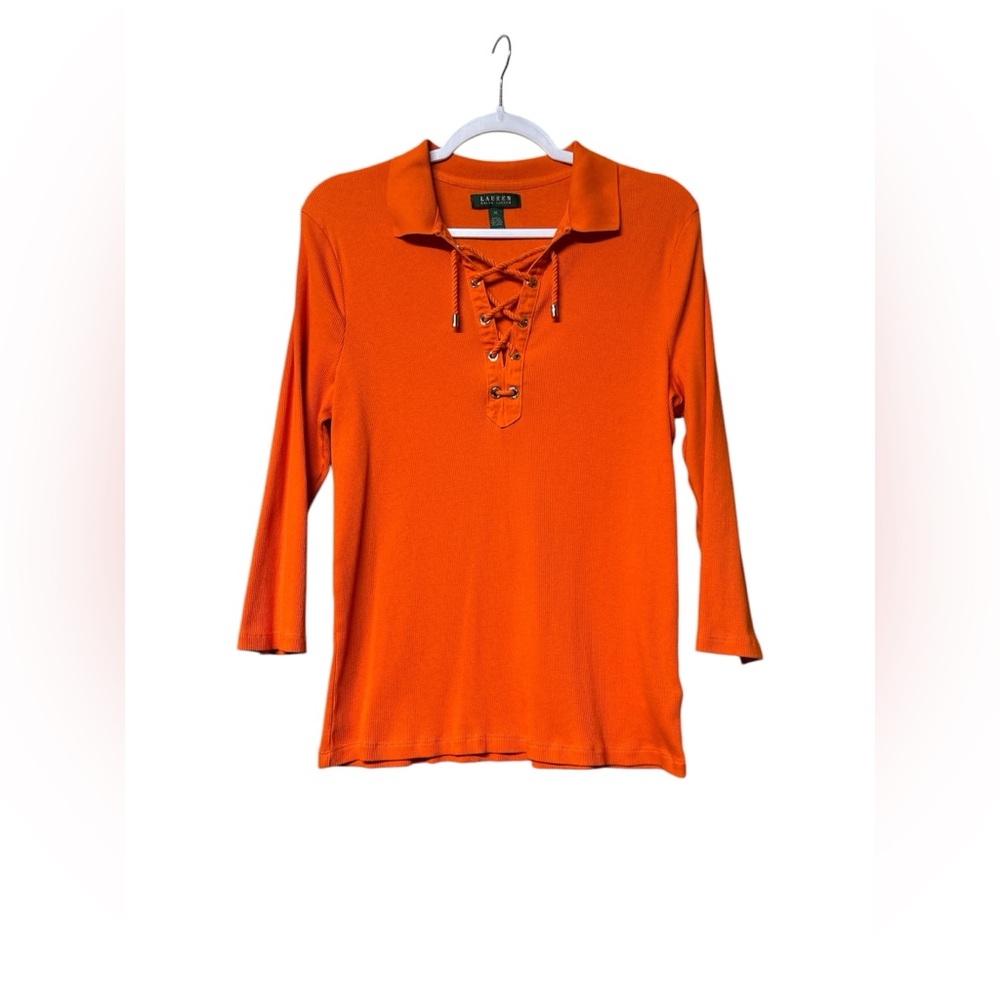 Lauren Ralph Lauren Orange Lace-Up Collared Long Sleeve Top
